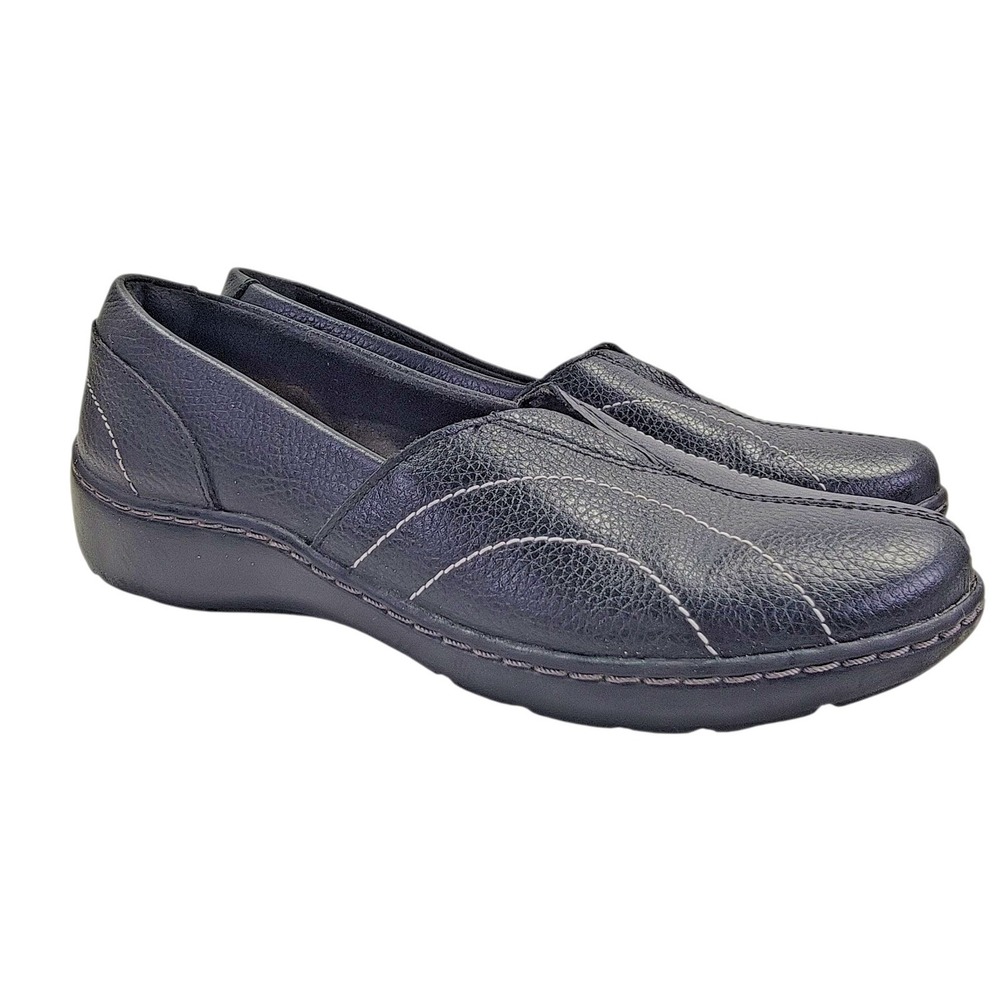 Clarks Collection Womens Cora Meadow Slip On Black Leather Loafers Flats US 7 M